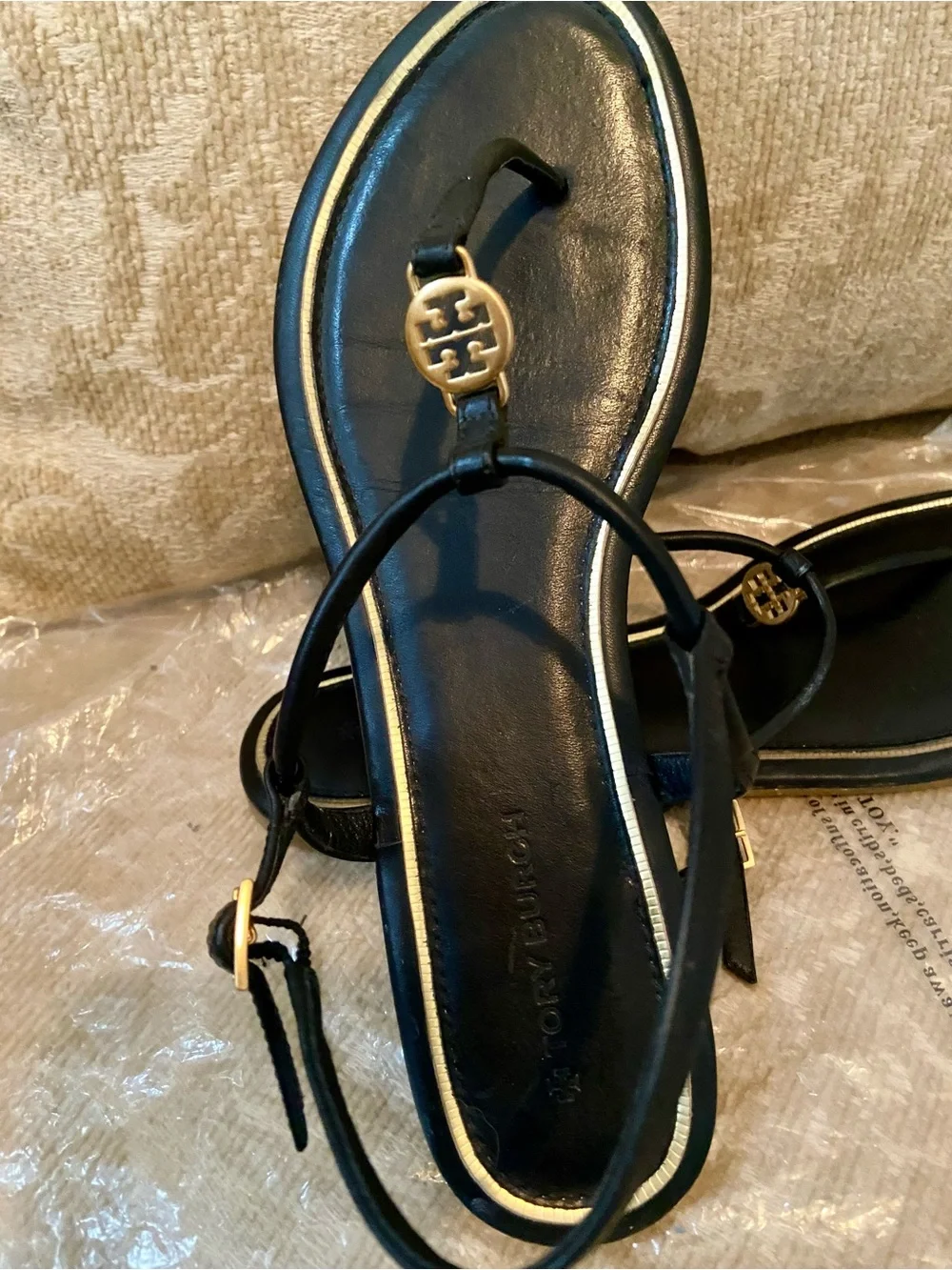 Tory Burch Black Leather T-Strap Sandals with Gold Accent